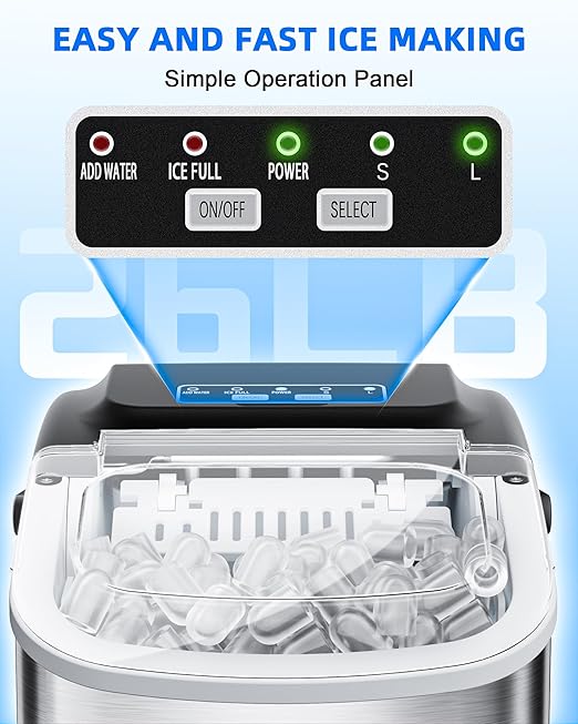 Ice Maker Machine Countertop 26lbs/24H, Portable Quiet Ice Makers Cubes in 9PCS/7Min, Self Cleaning, Ice Maker with Scoop for Kitchen, Home, Party-Ruum Studio Home