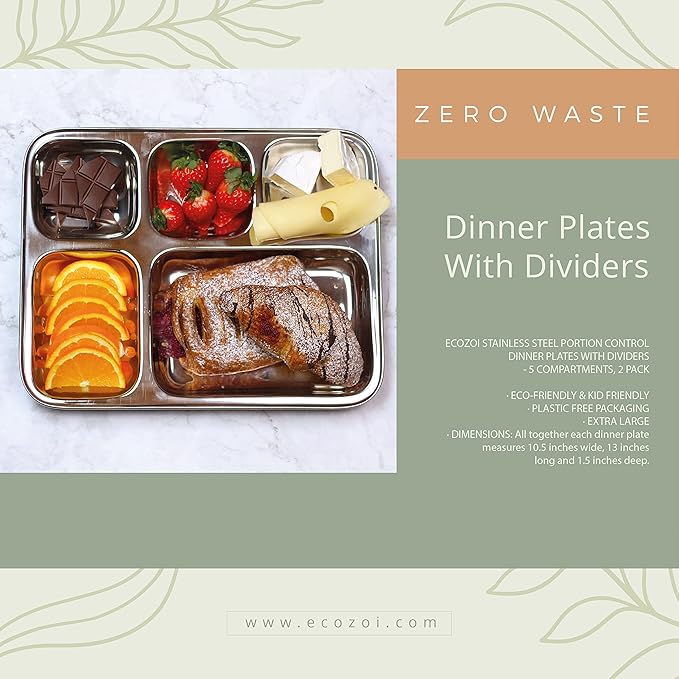 Extra Large Premium Stainless Steel Dinner Plates, 5 Compartments, Set of 2 | Eco Friendly Dinnerwear for Camping, Portion Control, Meal Prep, Lunch, and Party-Ruum Studio Home
