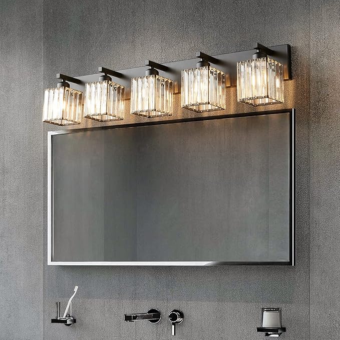 Modern Black Crystal Bathroom Vanity Light - 5-Lights Wall Light Fixtures-Ruum Studio Home