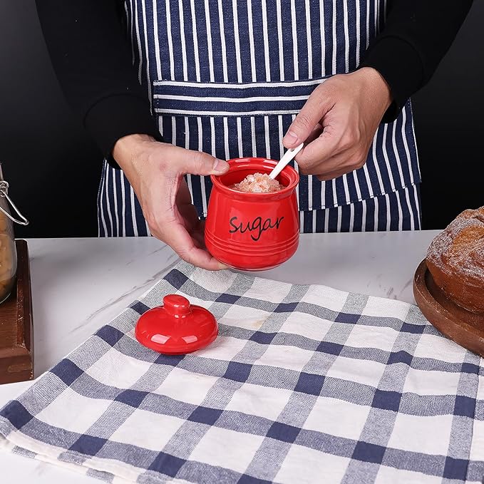 HAOTOP 12oz Sugar Bowl with Lid and Spoon,Ceramic Sugar Jar Sugar Dispenser Sugar Container Coffee Bar Accessories, Kitchen Countertop Canisters, Red-Ruum Studio Home