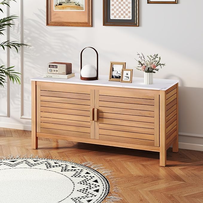 Goplus Patio Storage Cabinet, 2-Door Acacia Wood Storage Container with Faux Marble Top, Outdoor Wooden Sideboard for Deck, Garden, Lawn and Backyard-Ruum Studio Home
