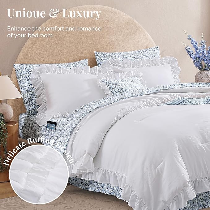 Queen Comforter Set - 7 Pieces Ruffle White Bedding Sets, Shabby Chic Farmhouse Bed in a Bag Queen with Ruffle Comforter, Floral Sheets, Pillowcases & Shams-Ruum Studio Home