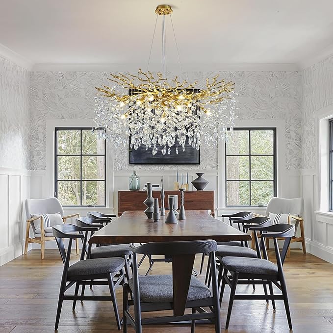 Modern Crystal Chandeliers for Dining Room Over Table, 40" Round Gold Tree Branche Chandelier, Large Crystal Chandelier for Living Room,High Ceiling,Foyer,Entryway,Kitchen Island,Staircase-Ruum Studio Home