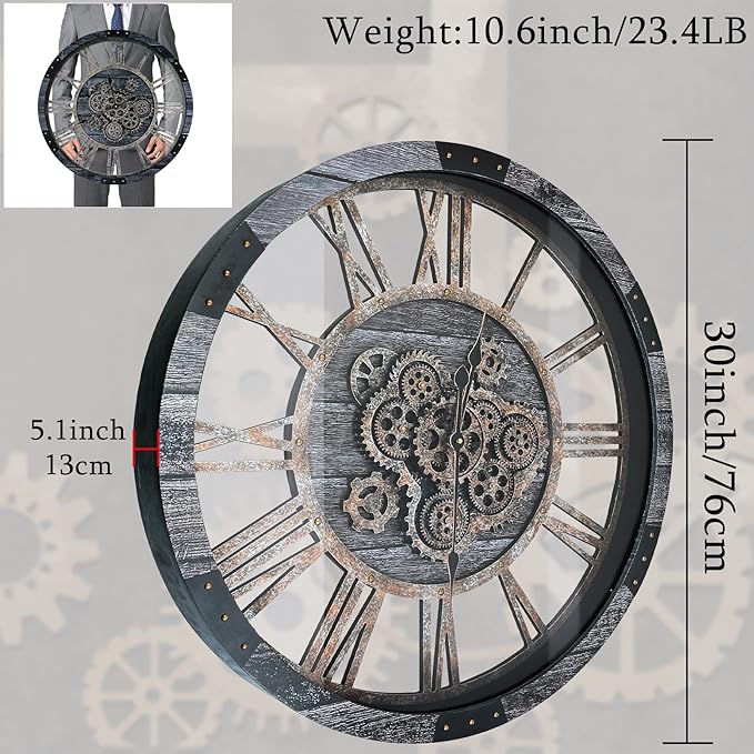 30 Inch Industrial Steampunk Wall Clock, Gray, Battery Operated, Real Rotating Gears, Solid Wood Frame, Oversized Wall Clock for Living Room Decor-Ruum Studio Home