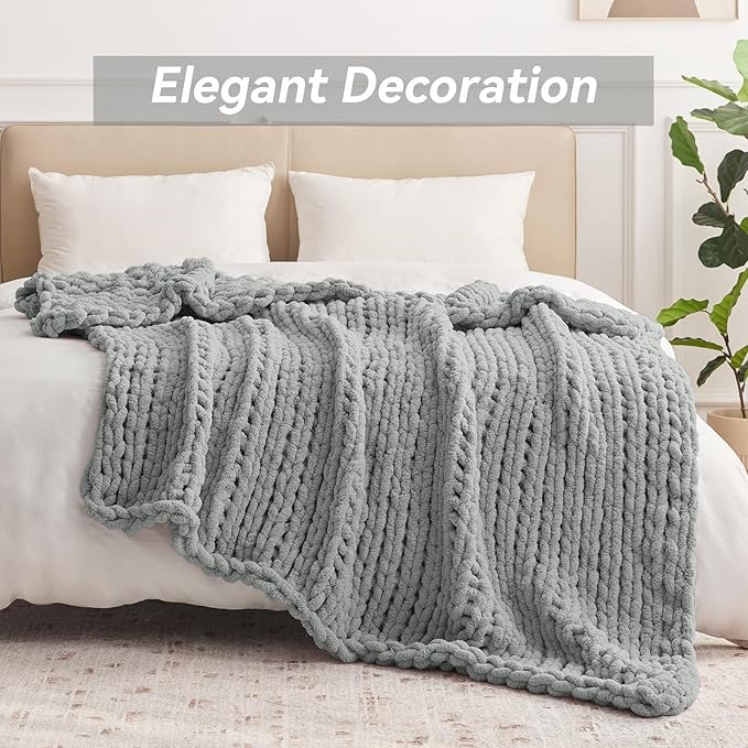 Chunky Knit Throw Blanket, 50''*60'' Knitted Throw Chenille Yarn for Bed Couch, Handmade Light Grey Crochet Big Thick Blanket, Machine Washable Cute Comfy Blanket for Home Decor-Ruum Studio Home