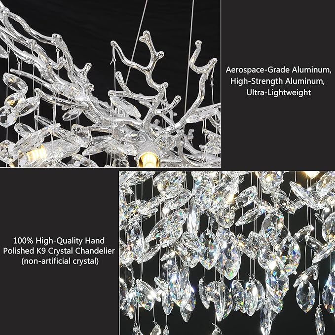 Modern Crystal Silver Chandelier, 36" Large Rectangular Oval Tree Branch Crystal Chandeliers for Dining Room,16-Light Flush Mount K9 Crystal Chandeliers, for Kitchen Island,Dining Room-Ruum Studio Home