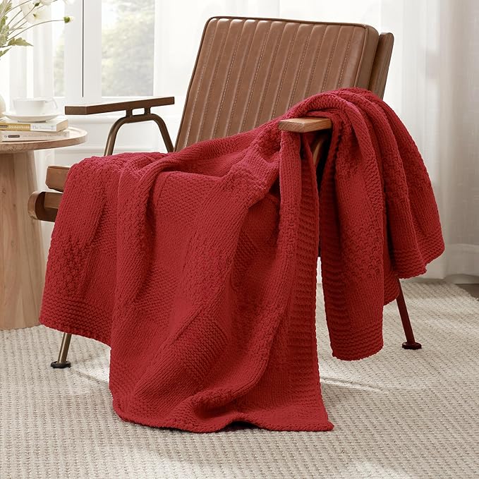 Amélie Home Chenille Knit Throw Blanket for Couch, Checkered Texture Decorative Soft Blanket for Sofa, Bed & Living Room, 50"x60", Red-Ruum Studio Home