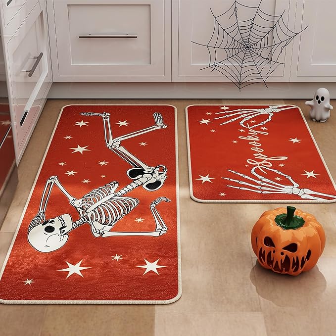 Halloween Kitchen Mat Set of 2, Spooky Skeleton Gothic Halloween Kitchen Decor, Halloween Rug for Floor, Indoor Spooky Home Decor with Non-Slip Backing,17 x 29 Inch & 17 x 47 Inch-Ruum Studio Home