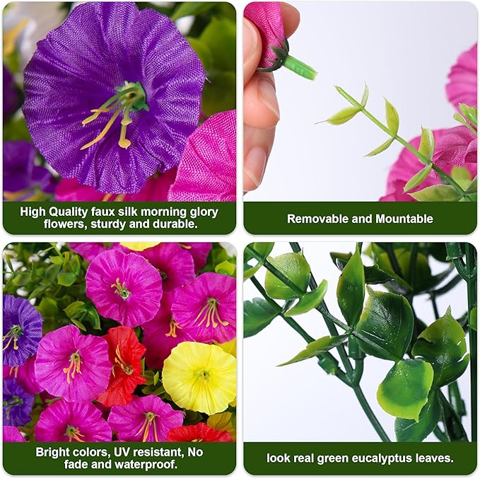 Artificial Flowers for Outdoors Fake Plants Outside Decoration, 12 Bundles Silk Colorful Morning Glory with Eucalyptus UV Resistant Realistic Faux Flowers for Planter Porch Patio Yard Garden-Ruum Studio Home