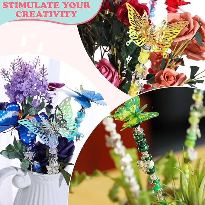 380pcs Beaded Garden Stake, DIY Butterfly Fairy Wand Garden Stake Kit with 10IN Threaded Rod Crystal Stopper Top Large Holes Beads Butterfly Decoration Pendants Outdoor Fairy Garden kit-Ruum Studio Home
