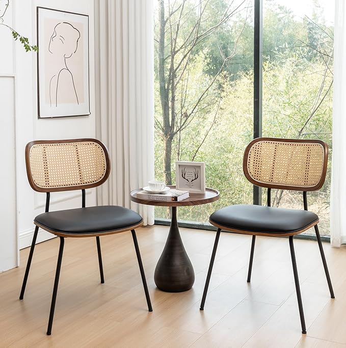 Rattan Dining Chairs Set of 2, Mid Century Modern Dining Chairs with Cane Back for Kitchen Dining Room, 19 Inch Faux Leather Black-Ruum Studio Home