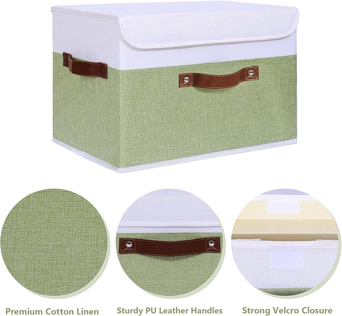ANMINY 4PCS Storage Boxes with Lid Washable Decorative Storage Bins Basket with PU Leather Handle Foldable Linen Fabric Storage Cubes Containers for Home Closet Organizer - Green White, Large Size-Ruum Studio Home
