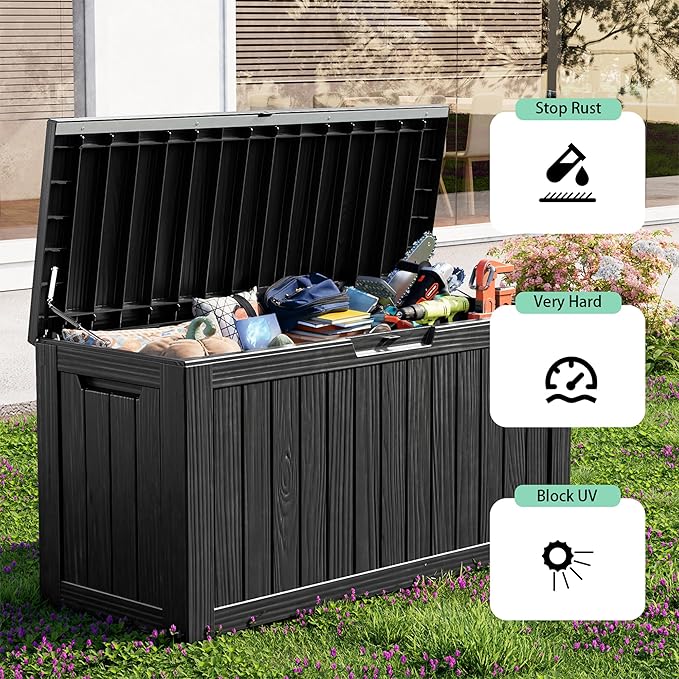 86 Gallon Outdoor Deck Box,Storage Lockable Waterproof Patio Furniture,Garden Tools,Cushions,Pool Accessories Outside Storage Resin Box(Black)-Ruum Studio Home