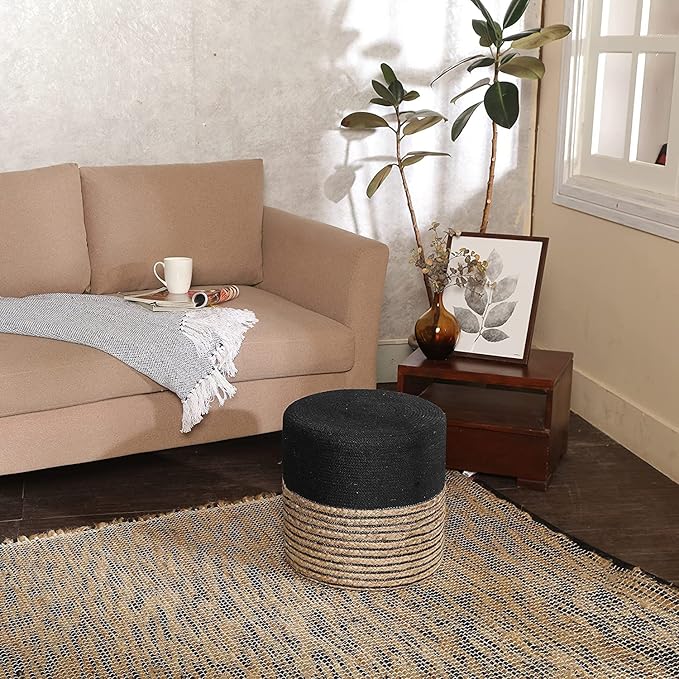 REDEARTH · Cylindrical Pouf Ottoman - Braided Pouffe Accent Sitting Round Footrest for Living Room, Bedroom, Nursery, kidsroom, Patio, Gym; 70% Cotton 30% Jute, (14.5x14.5x16; Black Natural)-Ruum Studio Home
