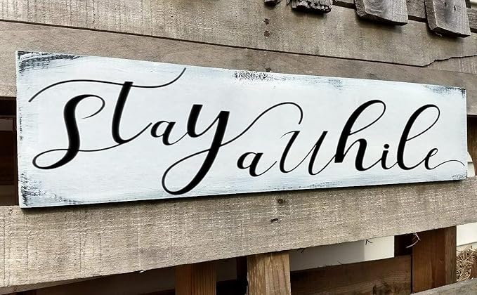 Farmhouse Stay Awhile Wood Sign, Entryway Sign Farmhous Wall Decor, Rustic Wall Art for Housewarming Gift (Stay Awhile) 6x16 Inch-Ruum Studio Home