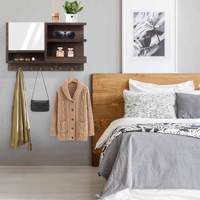 Key Holder for Wall, Mail Organizer Wall Mount with Key Hooks and Chalkboard & Mirror for Sunglasses Storage and Dog Leash Hanger, Decorative with 4 Double Hooks-Ruum Studio Home