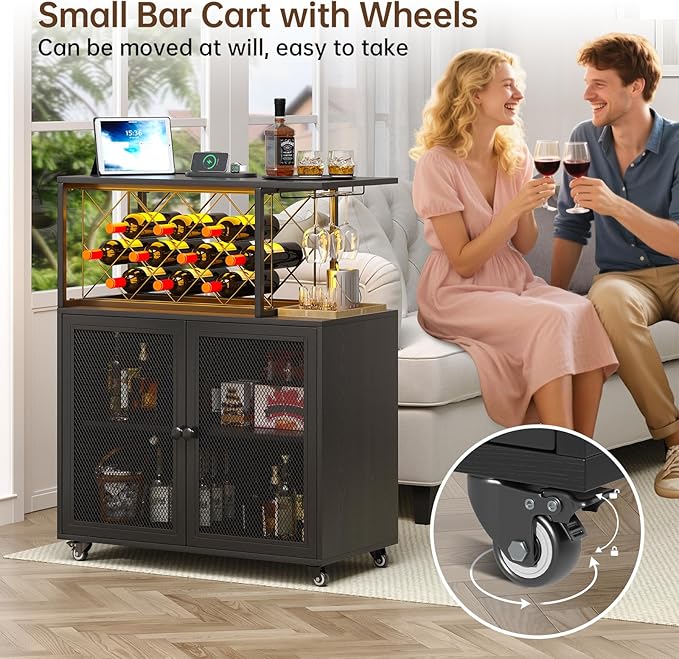 Wine Bar Cabinet with Wheels, 4-Tier Bar Cart with Power Outlets and LED Light, Liquor Cabinet Home Mini Bar with Wine Rack, Coffee Bar Cabinet for Liquor, Black-Ruum Studio Home
