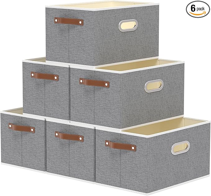 Yawinhe Fabric Storage Bins with Handles, Foldable Baskets for Shelves, Cubes with 3 Handles, Large Boxes for Clothes, Grey, 16.9''Lx11.8''Wx10.2''H, 6-Pack-Ruum Studio Home