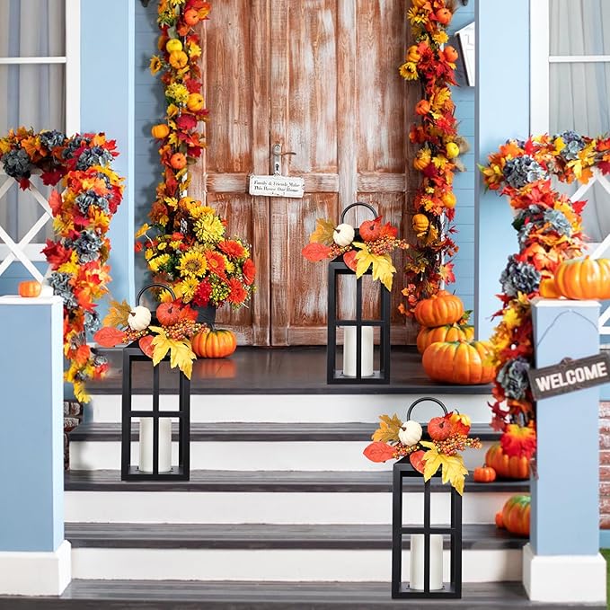Fall Decorative Lanterns Outdoor, Waterproof 17.7" Decorative Lantern Indoor Decor Metal Hanging Candle Holder LED Flameless Candle Lantern for Patio, Porch, 2 Packs-Ruum Studio Home