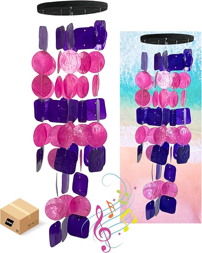 Bellaa 24841 Wind Chimes Outdoor, Garden Decorations, Musical, Indoor/Outside Windchimes, Beach, Ocean Breeze, Gifts for Mom, Gift for All Occasions, Capiz Sea Glass Shells Wood Pink Purple-Ruum Studio Home
