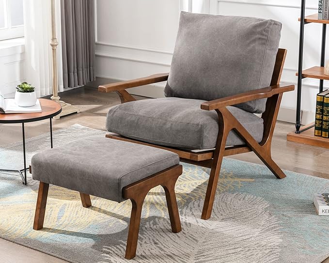 Mid Century Modern Accent Chair with ottoman, Farmhouse Linen Upholstered Living Room Armchair and Ottoman Set, 23" Seat Wide Retro Leisure Lounge Chair with Wood Frame for Home, Bedroom, Office, Grey-Ruum Studio Home