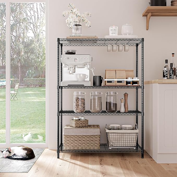 IZEUK 1400 LBS Garage Black Shelving Wide Storage Shelves 4 Tier Adjustable Heavy Duty Metal Wire Rack Standing Shelf Unit for Kitchen Office College Dorm Garage Warehouse 15.8" x 45.8"x 59.4"-Ruum Studio Home