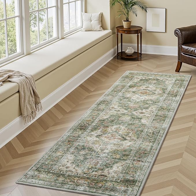 AMOAMI-2X6 Runner Rug-Washable Runners for Hallways-Soft Non Slip Bedside Rugs for Bedroom-Vintage Long Rug for Hallways Entryway Laundry Room Stair Kitchen Bathroom Olive Green-Ruum Studio Home