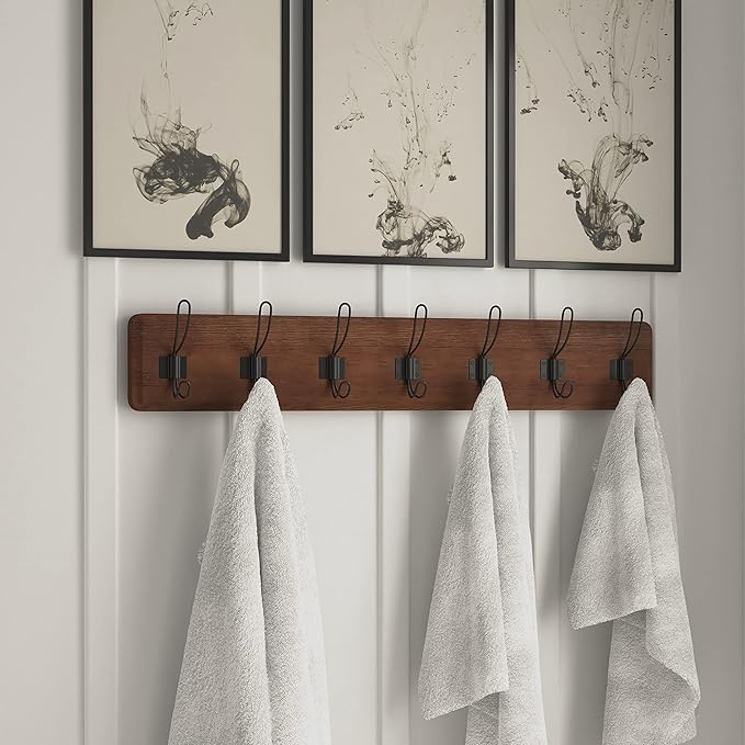 HBCY Creations Rustic Brown Solid Wood Wall Mounted Coat Rack with Shelf, 7 Hooks, 34" Long - Kitchen, Mudroom, Entryway, Bathroom - Includes Mounting Hardware, Coat Hanger, Dog Leash Hooks-Ruum Studio Home