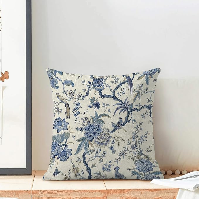 CXMEIFLY Spring Floral Birds Pillow Covers 22 x 22 Inch Set of 2 for Chinoiserie Flowers Decor Throw Pillows Blue and White Plant Outdoor Decorative Cushion Cases for Couch Bed Decorations-Ruum Studio Home