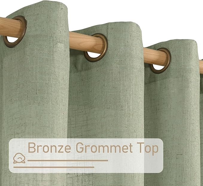 LAMIT Living Room Linen Curtains 90 Inch for Bedroom, Bronze Grommet Linen Textured Sheer Curtains Light Filtering Burlap Drapes for Farmhouse, 2 Panels, 52 x 90 Inch, Sage Green-Ruum Studio Home