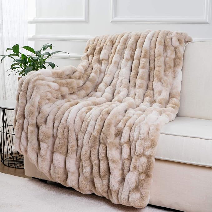 BATTILO HOME Ruched Luxury Faux Fur Throw Blanket Beige Tie-dye Rabbit Fur Blanket for Couch, Living Room, Fuzzy, Soft, Plush, Cozy, Elegant with Reversible Mink Blanket Beige, 60"x80"-Ruum Studio Home