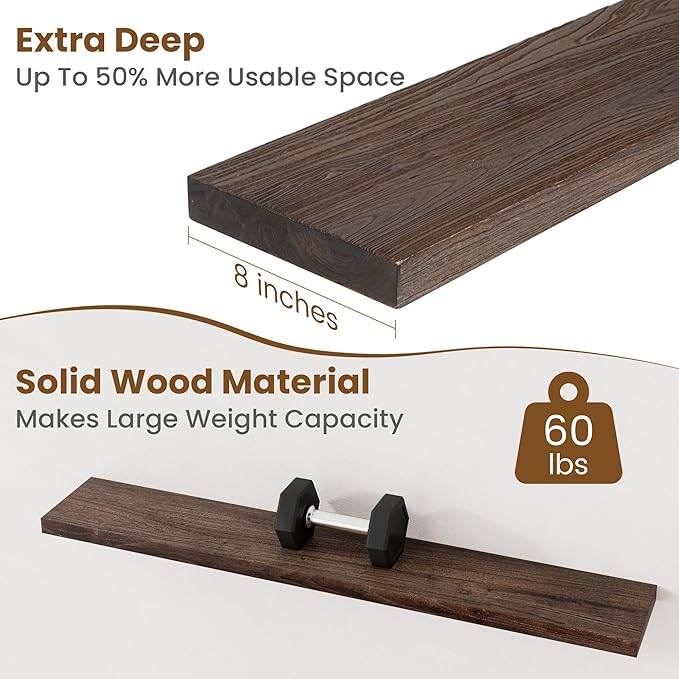 Floating Shelves for Wall Decor, 8 Inch Deep Rustic Solid Elm Wood Floating Shelves Wall Mounted, Wall Shelves with Invisible Bracket for Living Room Bathroom Bedroom Kitchen, 48 Inch Set of 1, Walnut-Ruum Studio Home