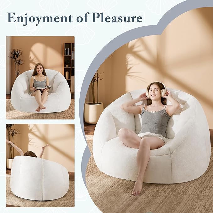 Giant Bean Bag Swivel Chair for Adults - Comfy Plush Round Shell Soft Accent Chaise Lounge Indoor Chair, Oversized Cozy Floor Sofa for Living Room, Bedroom & Game Rooms, Beige-Ruum Studio Home