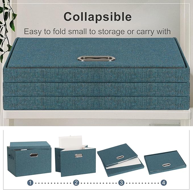 Large 17" 36 Quart Collapsible Stackable Storage Bins with Lids, 3 Packs Blue-Green Linen Fabric Closet Boxes with Lids, Storage Cube Baskets Container Organizers for Bedroom (17x12x11)-Ruum Studio Home