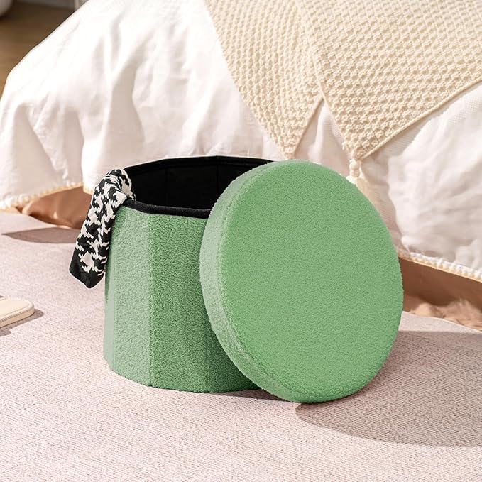 B FSOBEIIALEO Storage Ottoman Cube, Round Ottomans with Storage Foot Stool Footrest for Lving Room, Boucle Ottoman Seat for Dorm Room,Faux Teddy Fur, Green 15"x15"x15"-Ruum Studio Home