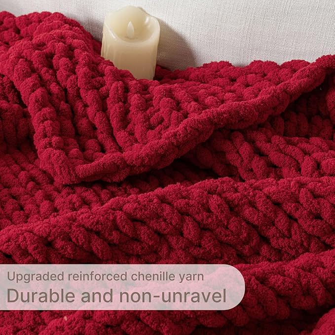Chunky Knit Blanket Throw, 100% Hand Knit Throw Blanket Handmade Chenille Cable Knit Throw for Couch, Stylish Cozy Soft Rope Knot Crochet Blanket for Home Decor, Red, 50x60 Inches-Ruum Studio Home