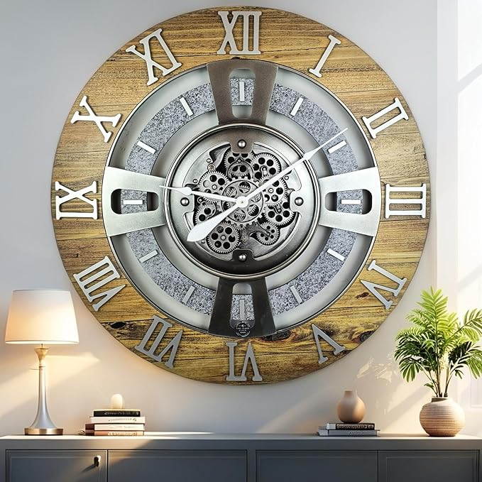 The Gears Clock Real Moving Gear Wall Clock England Line (Wood & Stone, 36 inches (90 cm))-Ruum Studio Home