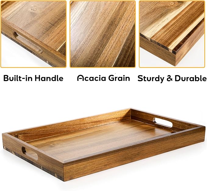 YOUEON 2 Pack Large Acacia Wood Serving Tray with Handles, 17x12 Inch Decorative Wood Trays for Serving Food, Party, Rectangle Ottoman Tray, Coffee Table Trays for Bed, Living Room, Kitchen-Ruum Studio Home