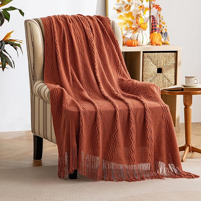 MIULEE Fall Rust Knitted Throw Blanket for Couch Terracotta Boho Textured Cozy Woven Rustic Blanket with Tassels for Sofa Chair Bed Living Room Farmhouse Decor Acrylic Wave Pattern 50"x60"-Ruum Studio Home