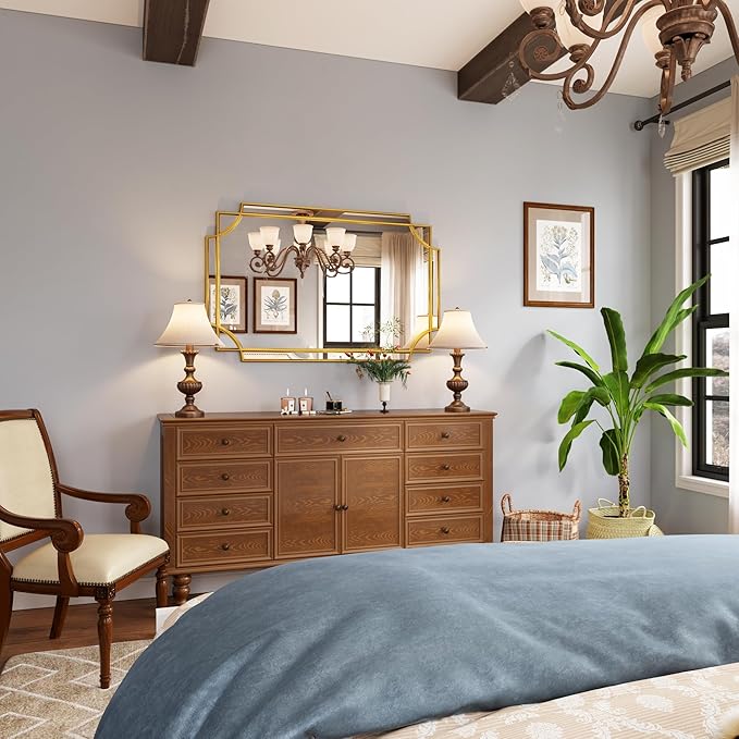 Kelly Miller Large Gold Mirror for Wall, 30"x46" Gold Bathroom Mirror Vanity Mirror Decorative Mirror Scalloped Beveled Mirror for Master Bath Half Bath Living Room Bedroom Farmhouse Fireplace Hallway-Ruum Studio Home