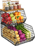 X-cosrack 2-Tier Stackable Wire Baskets for with Wood Lid, Wall Hanging Baskets for Potato and Onion Storage, Fruit Basket for Kitchen Counter, Metal Baskets for Snack Produce Cans-Ruum Studio Home
