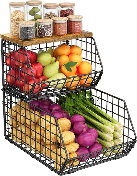 X-cosrack 2-Tier Stackable Wire Baskets for with Wood Lid, Wall Hanging Baskets for Potato and Onion Storage, Fruit Basket for Kitchen Counter, Metal Baskets for Snack Produce Cans-Ruum Studio Home