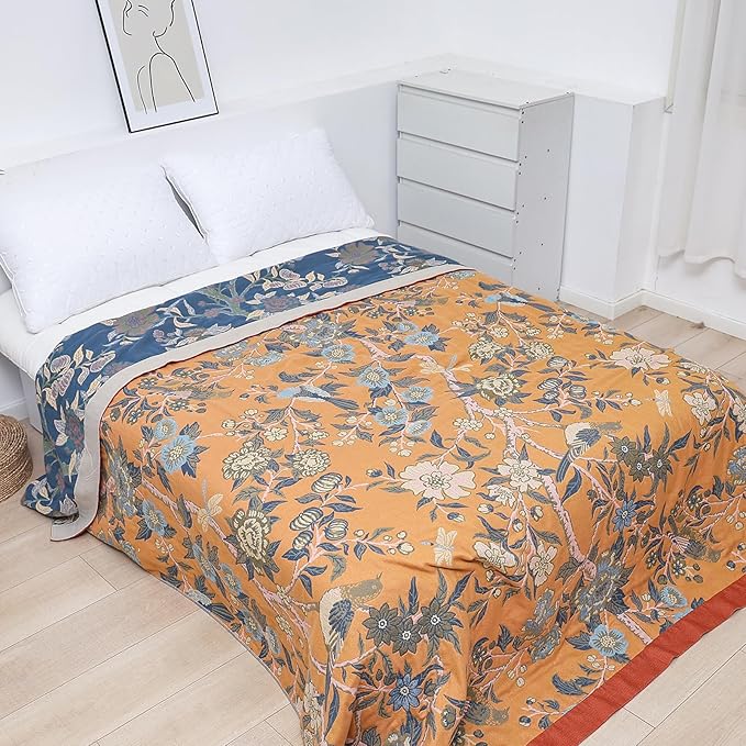 Snycler Boho Throw Blanket for Bed - 100% Cotton Ultra Soft Rustic Quilt Blanket Orange Bird Floral Printed Farmhouse Decor Bed Blankets, 80"×90" All Season Rustic Throw for Sofa Couch Chair-Ruum Studio Home