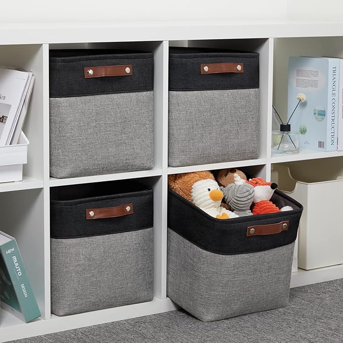DULLEMELO Cube Collapsible Storage Bins, 12 inch Fabric Storage Cubes Bins Canvas Organization Baskets, Linen Closet Organizers Boxes for Home Organization and Storage (4 Pack - 12" Black&Grey)-Ruum Studio Home