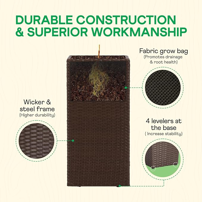 IDZO All-Weather Wicker Planters, Set of 2, 24 in Tall Wicker Planters, Self-Watering with Drainage, Durable PP Material, Raised Garden Bed Alternative, Indoor Outdoor Use, Modern Rattan Design-Ruum Studio Home