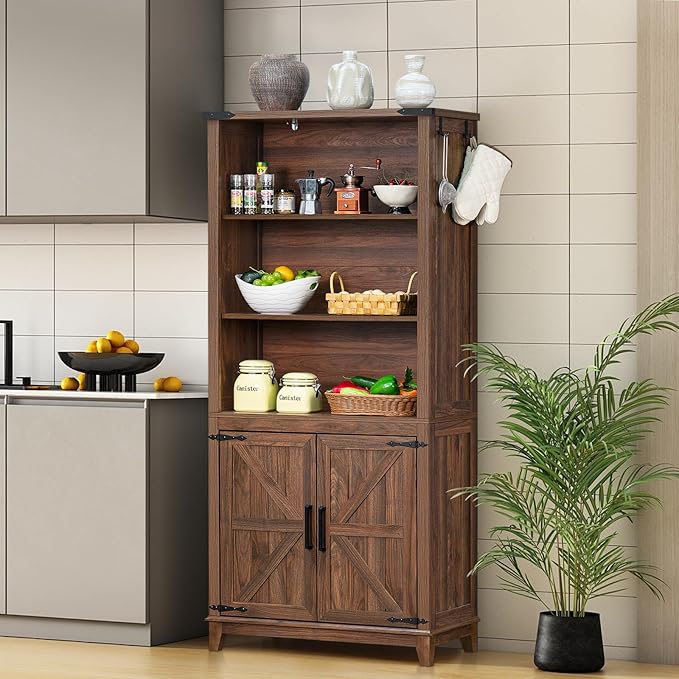 70in Tall Bookshelf 5 Tier Bookcase with Barn Doors and Adjustable Shelves, Brown Farmhouse Book Shelf with Storage Cabinet, Wood Freestanding Display Bookshelves for Bedroom, Living Room-Ruum Studio Home