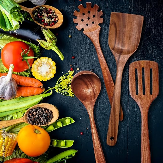 Wooden Spoons for Cooking 9 Pieces Set, Teak Wooden Kitchen Utensil Set, Wooden Cooking Utensils Spoons, Spatulas, Heat-Resistant, Lightweight & Durable, Perfect for Non-Stick Cookware-Ruum Studio Home