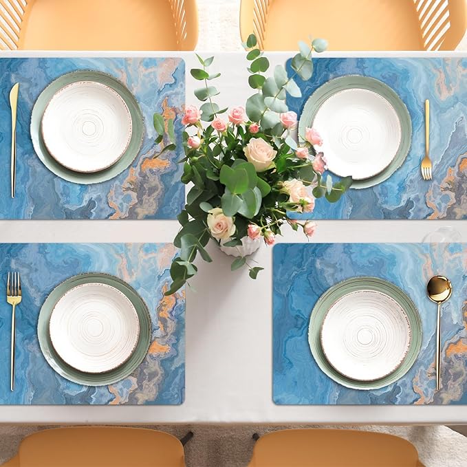 Marble Placemats Set of 6 Blue Marbles Plastic Table Mats Marble Theme Place Mats Wipe Clean Washable Holiday Table Decoration for Indoor Outdoor Party Kitchen Dining-Ruum Studio Home