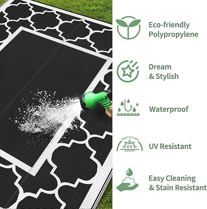 GENIMO 5' x 8' Outdoor Rug Waterproof for Patio Decor, Foldable Reversible Plastic Straw Area Rugs Mat for Camper, Outside Carpet for Rv, Deck, Porch, Picnic, Beach, Balcony, Black & White-Ruum Studio Home