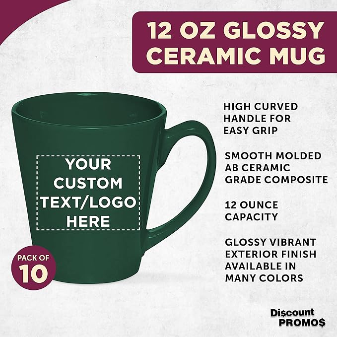 DISCOUNT PROMOS Custom Glossy Ceramic Latte Coffee Mug 12 oz. Set of 10, Personalized Bulk Pack - Perfect for Tea, Espresso, Cappuccino, Hot Cocoa - Green-Ruum Studio Home